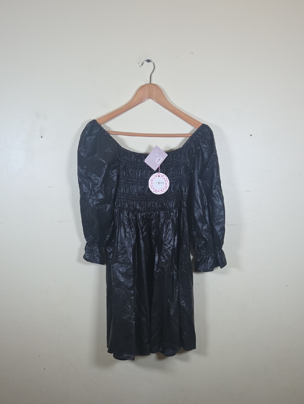 NWT Umgee Fuax Leather Black 3/4 Puff Sleeve Mini Dress Size Small $53 MSRP